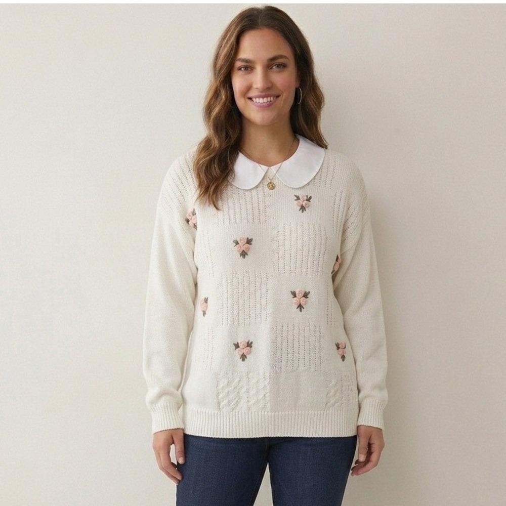 VTG TanJay Cream Floral Hand Embroidered Rosette Knit Sweater Small Cottagecore